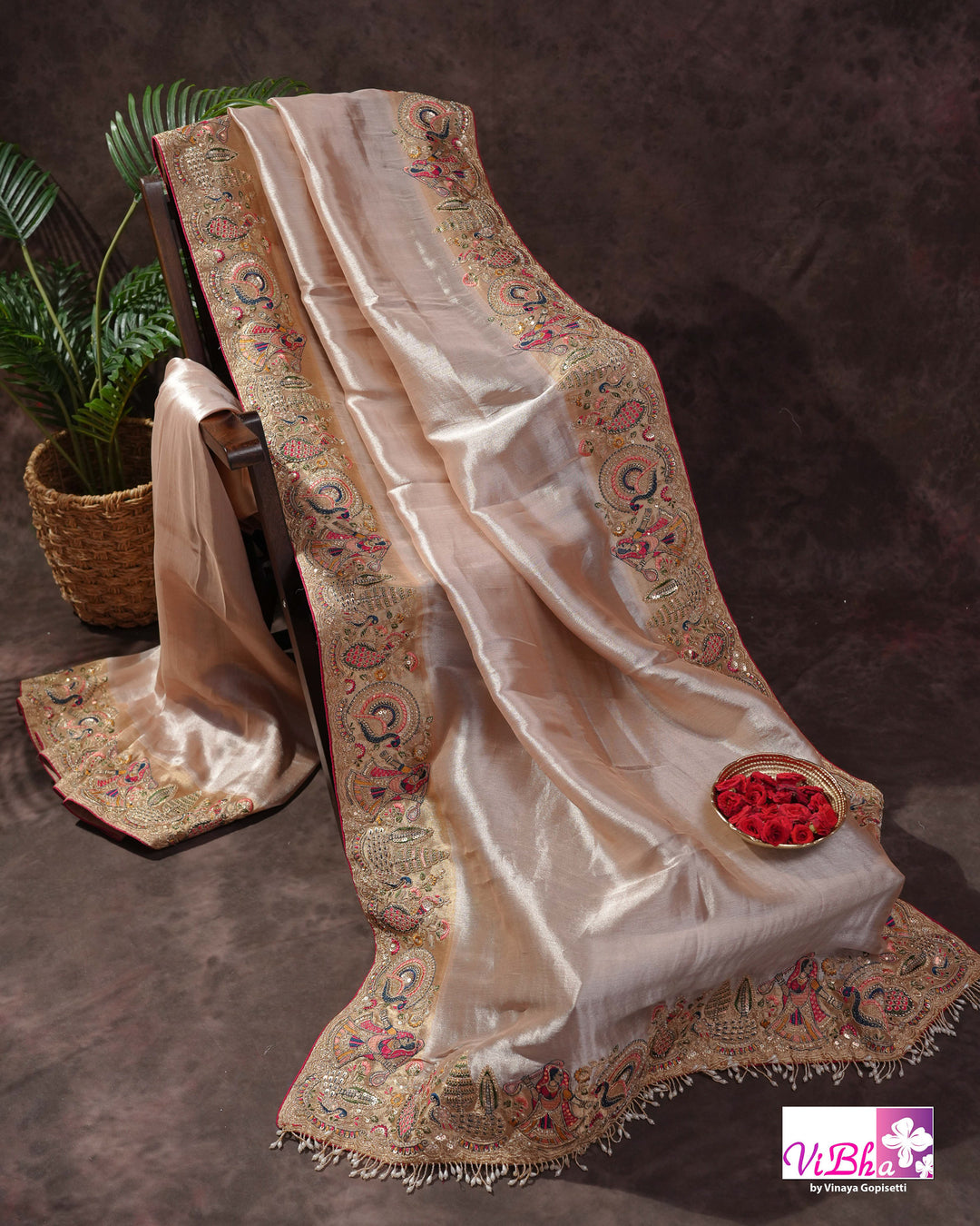Champagne Designer Saree with Multicolour Peacock and Figurative Border