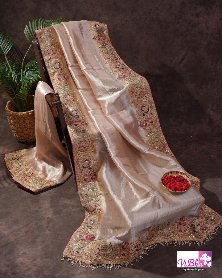 Champagne Designer Saree with Multicolour Peacock and Figurative Border