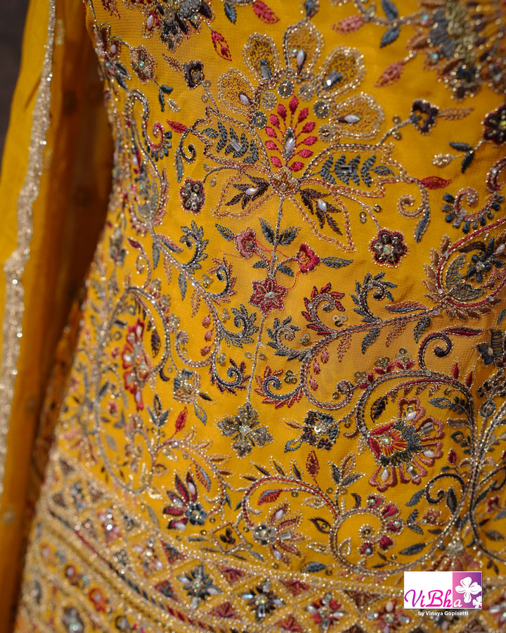 Mustard Yellow Multicolor Embroidered Gharara Set