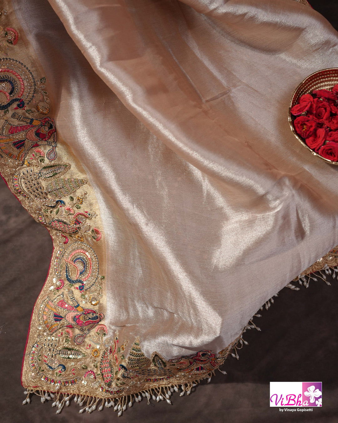 Champagne Designer Saree with Multicolour Peacock and Figurative Border