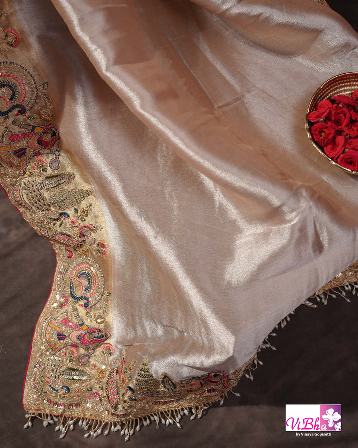 Champagne Designer Saree with Multicolour Peacock and Figurative Border