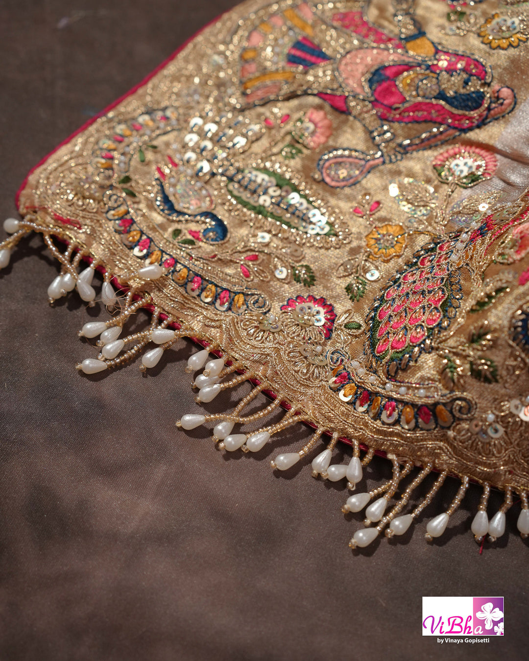 Champagne Designer Saree with Multicolour Peacock and Figurative Border
