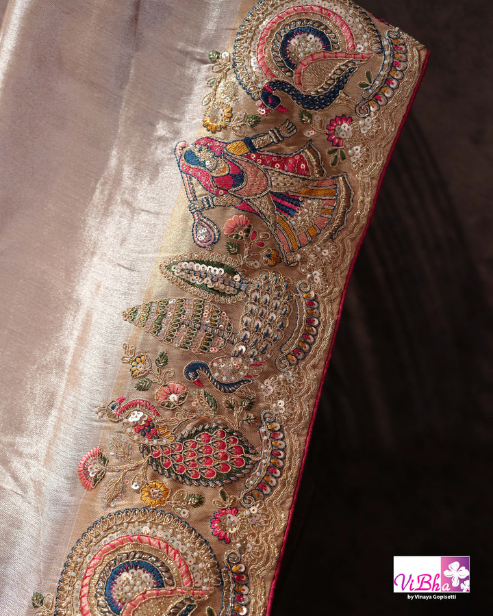 Champagne Designer Saree with Multicolour Peacock and Figurative Border