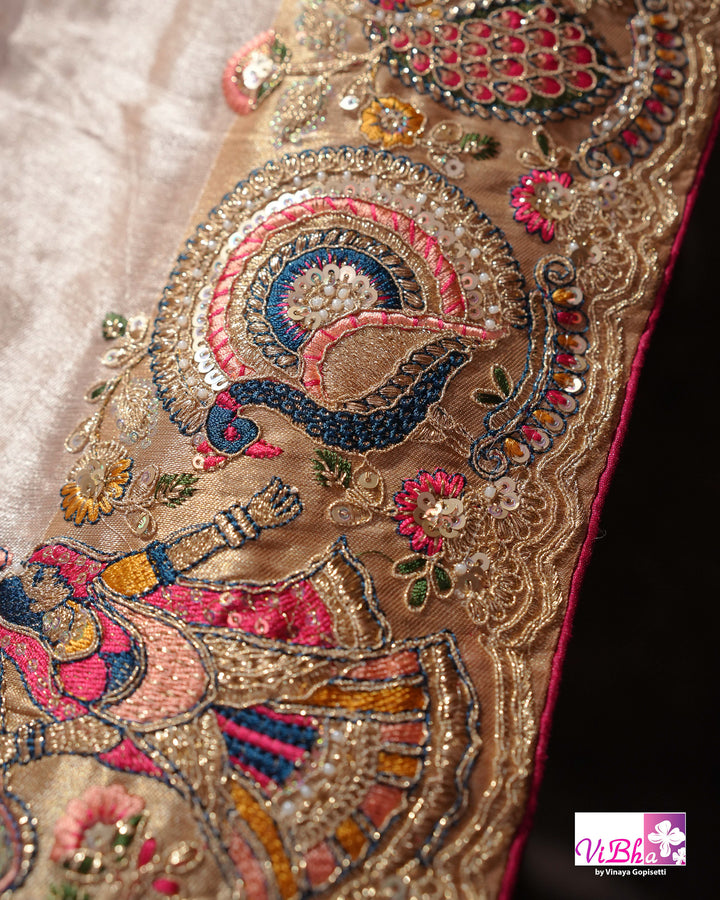 Champagne Designer Saree with Multicolour Peacock and Figurative Border