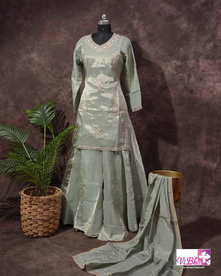 Sage Green Embroidered Sharara Set