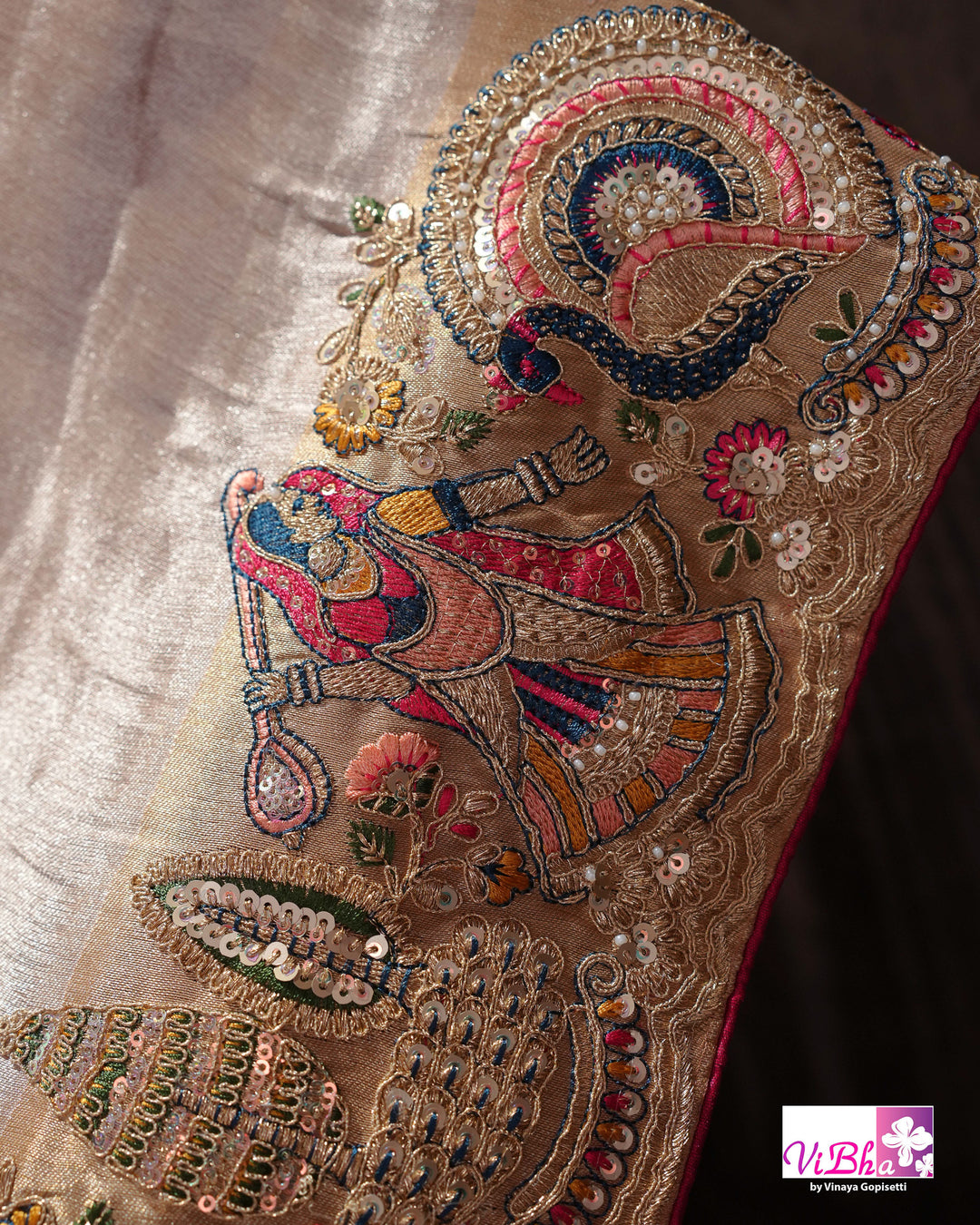 Champagne Designer Saree with Multicolour Peacock and Figurative Border