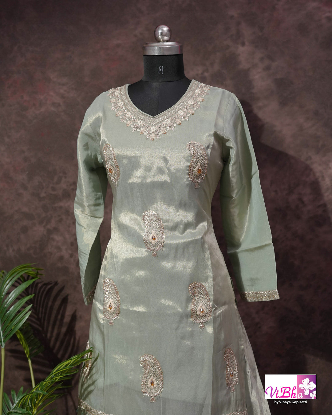 Sage Green Embroidered Sharara Set