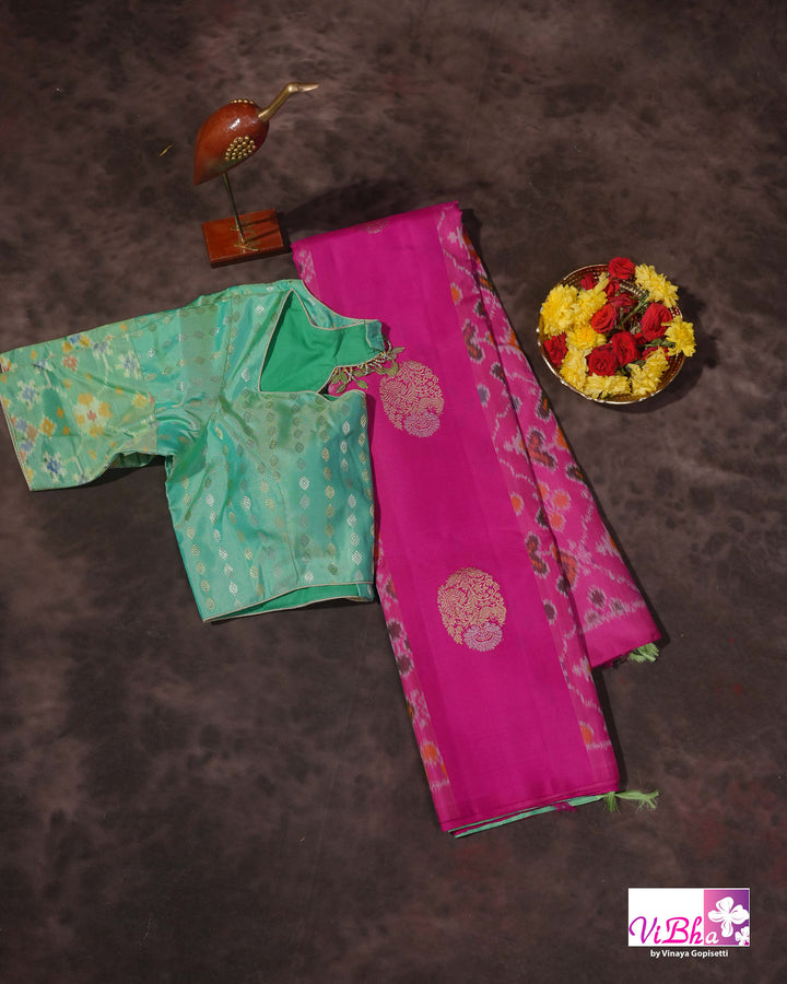 Rani Pink Handwoven Kanchi Silk Saree with Patola Weave and Blouse