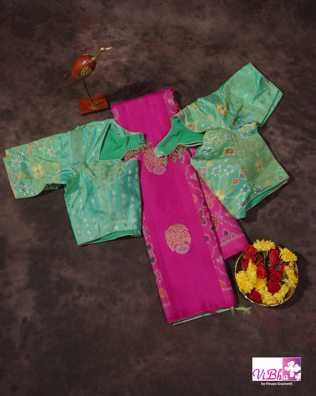 Rani Pink Handwoven Kanchi Silk Saree with Patola Weave and Blouse
