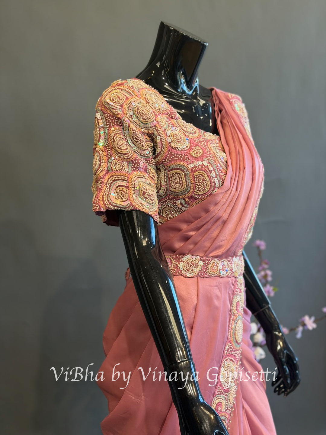 Dusty rose pink pre draped saree and blouse