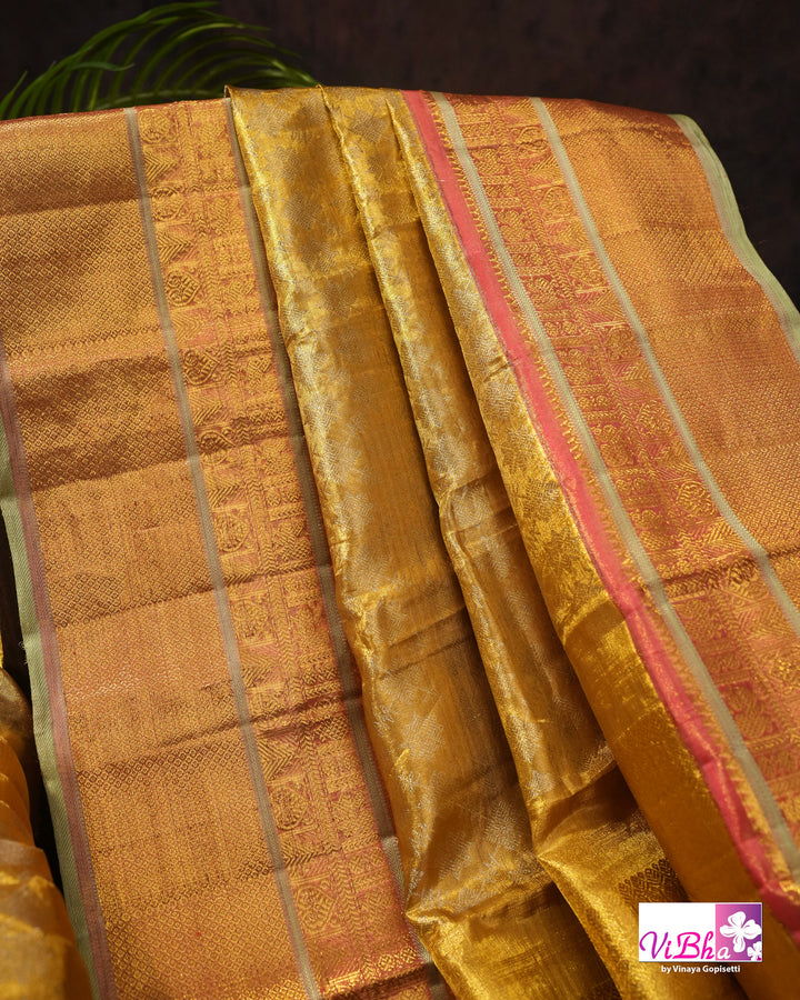 Golden Yellow Kanchi Silk Saree with Rich Zari Border and Blouse