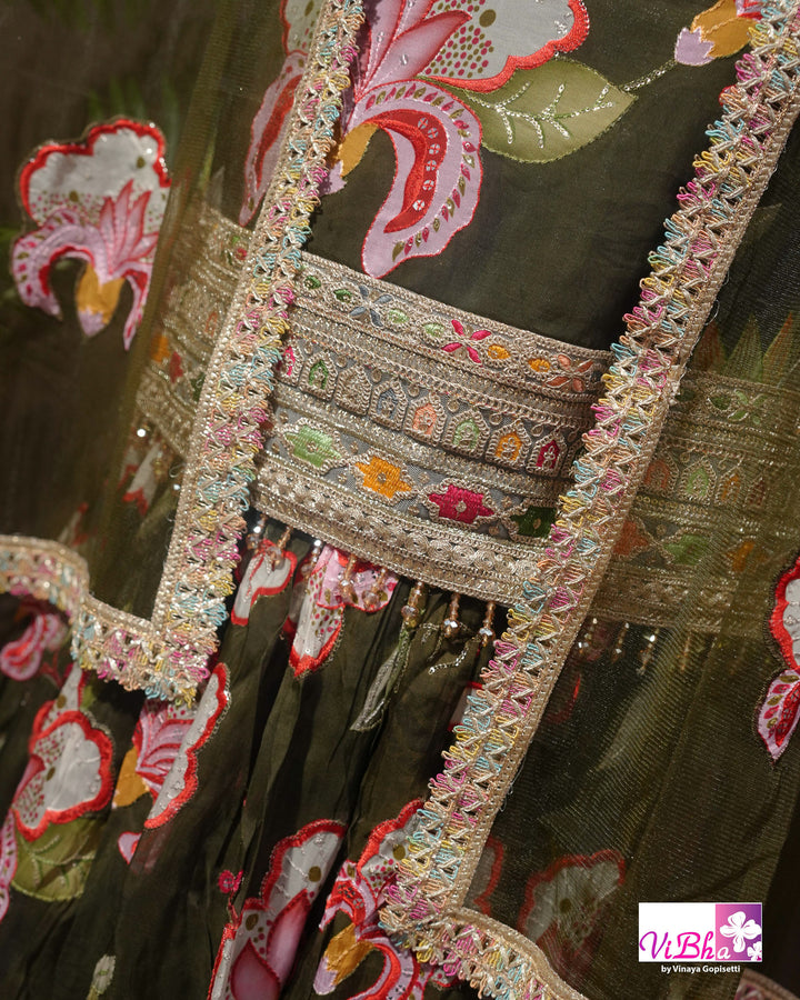 Dark Mehendi Green Floral position print high neck Gharara set