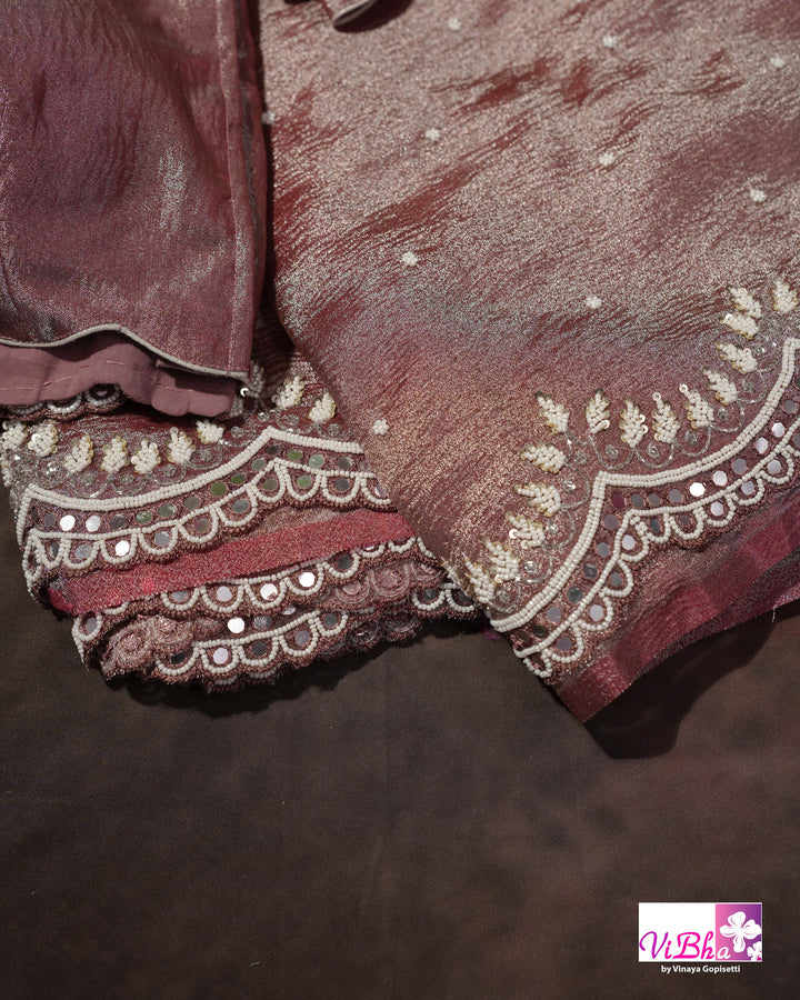 Rose Mauve Shimmer Designer Saree with Embellished Scalloped Leaf Border