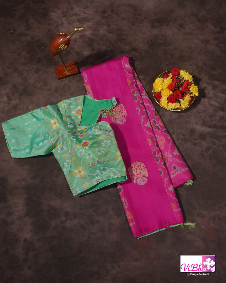 Rani Pink Handwoven Kanchi Silk Saree with Patola Weave and Blouse
