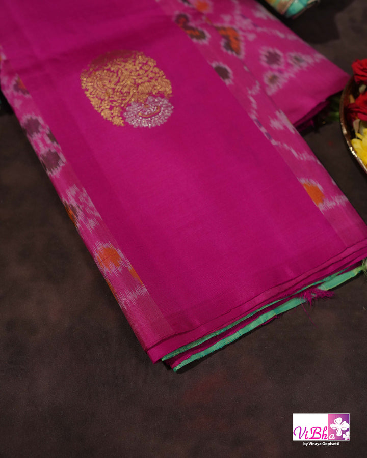 Rani Pink Handwoven Kanchi Silk Saree with Patola Weave and Blouse