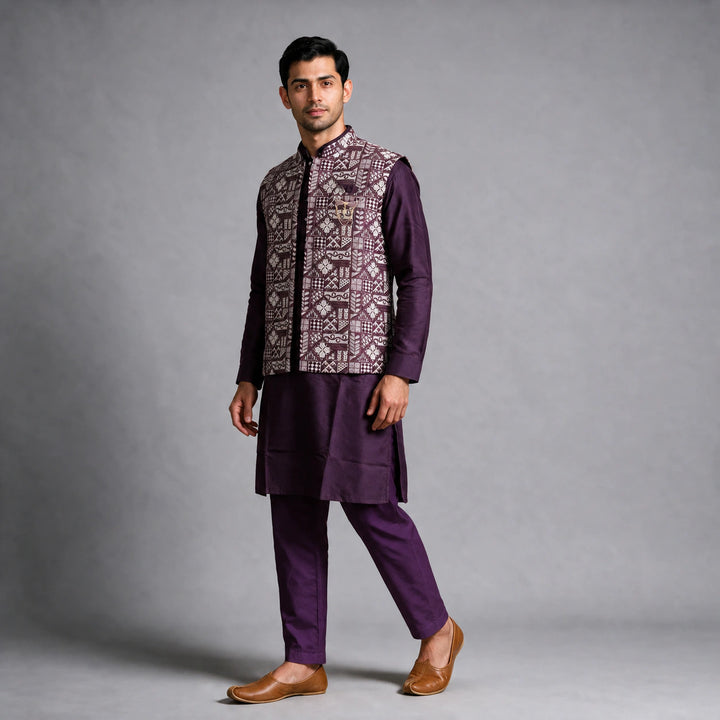 Plum Kurta Pajama with Long Embroidered Jacket Set