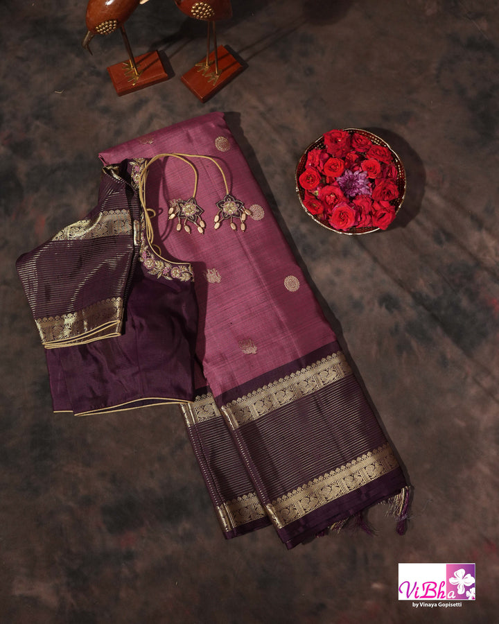 Dark Mauve And Plum Kanchi Silk Saree with Embroidered Blouse