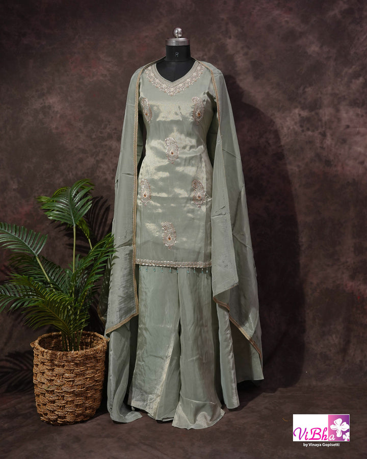 Sage Green Embroidered Sharara Set