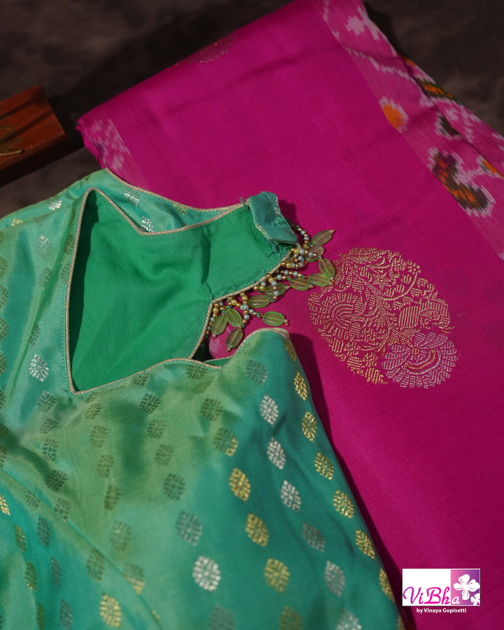 Rani Pink Handwoven Kanchi Silk Saree with Patola Weave and Blouse