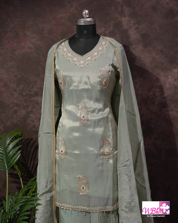 Sage Green Embroidered Sharara Set