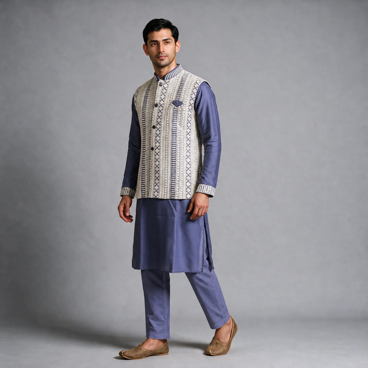 Purple blue color mirror work jacket kurta set