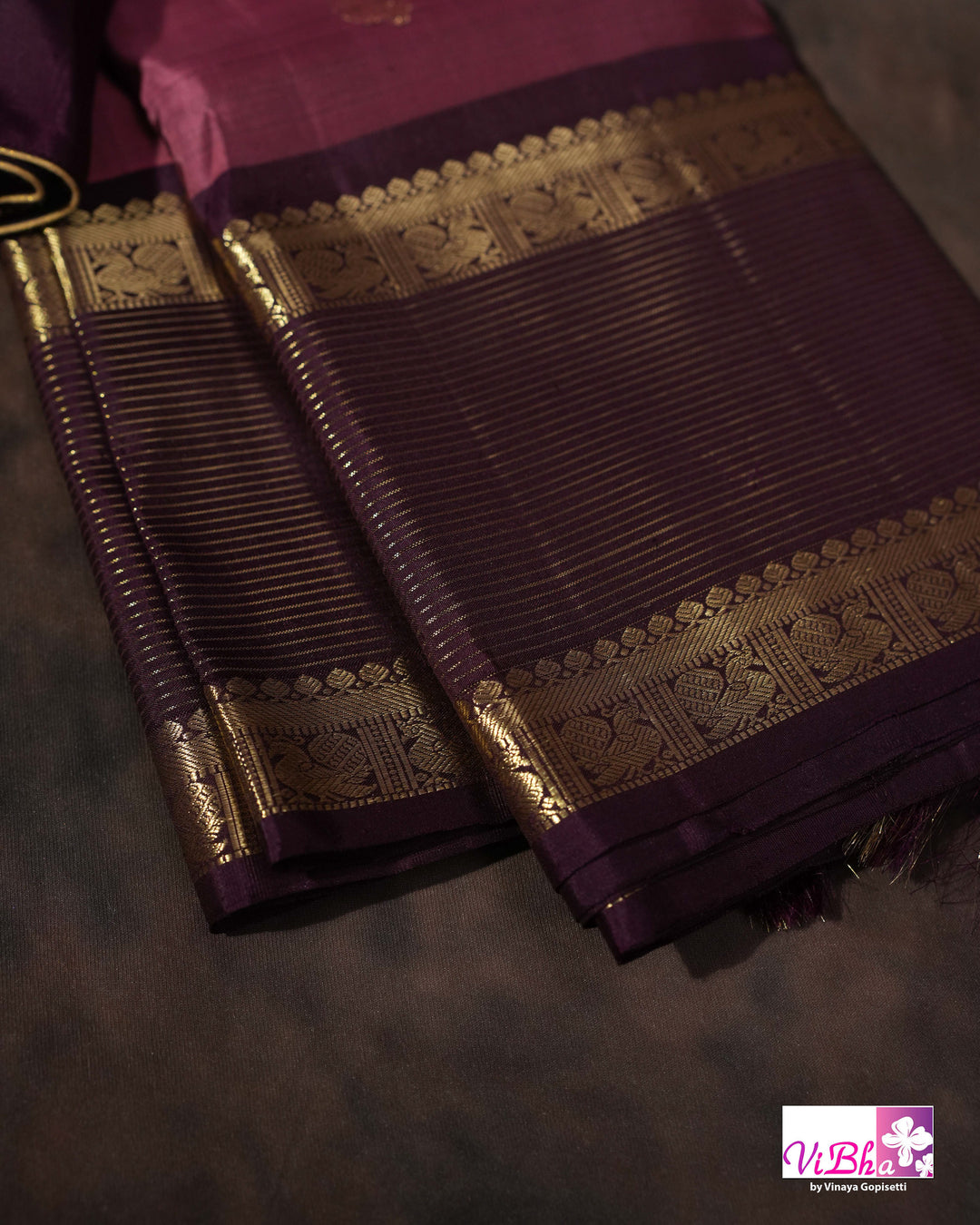 Dark Mauve And Plum Kanchi Silk Saree with Embroidered Blouse