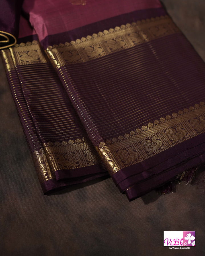 Dark Mauve And Plum Kanchi Silk Saree with Embroidered Blouse