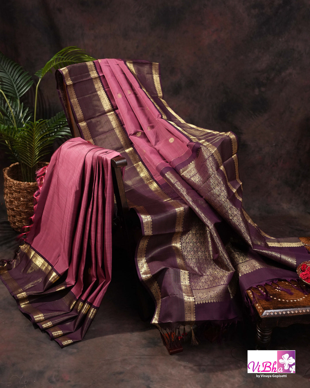 Dark Mauve And Plum Kanchi Silk Saree with Embroidered Blouse