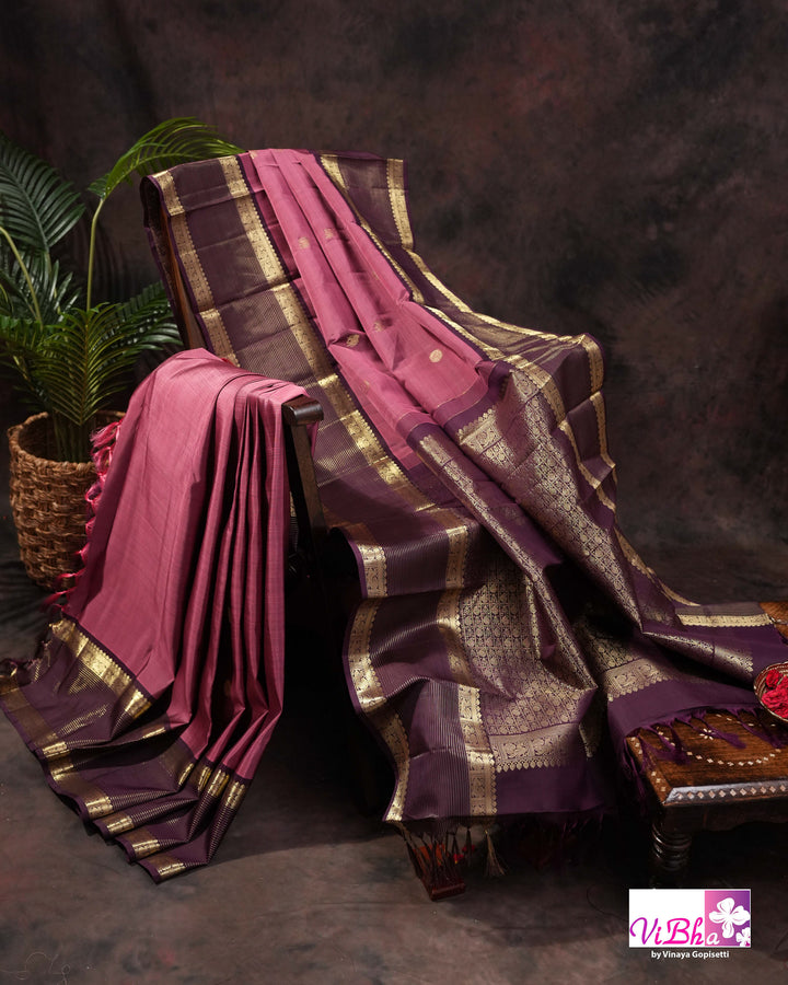 Dark Mauve And Plum Kanchi Silk Saree with Embroidered Blouse