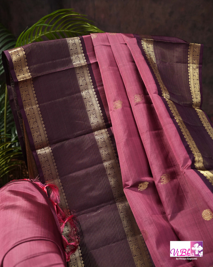 Dark Mauve And Plum Kanchi Silk Saree with Embroidered Blouse