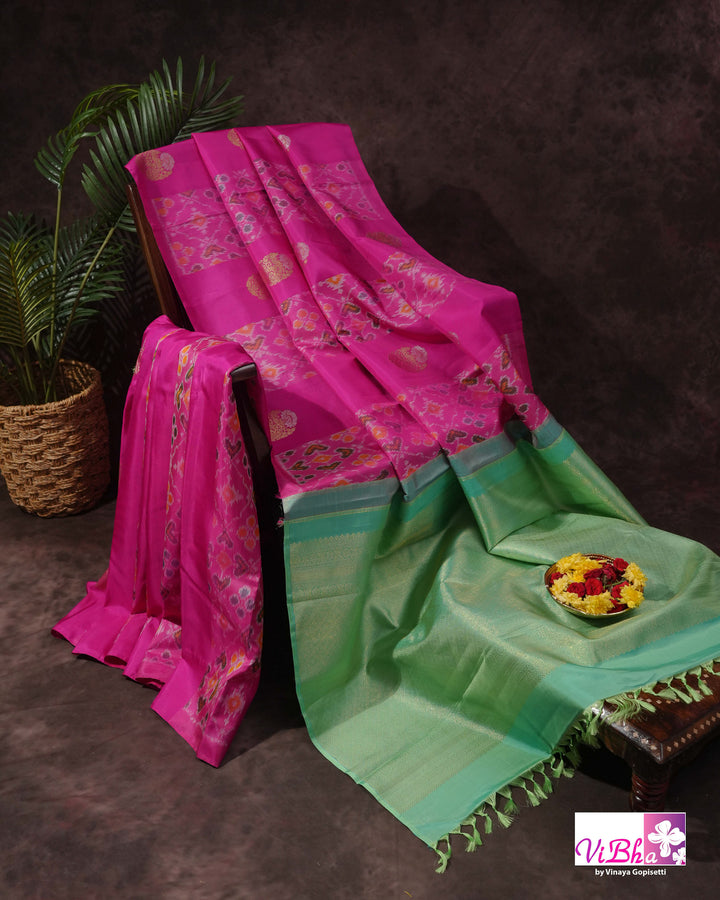 Rani Pink Handwoven Kanchi Silk Saree with Patola Weave and Blouse