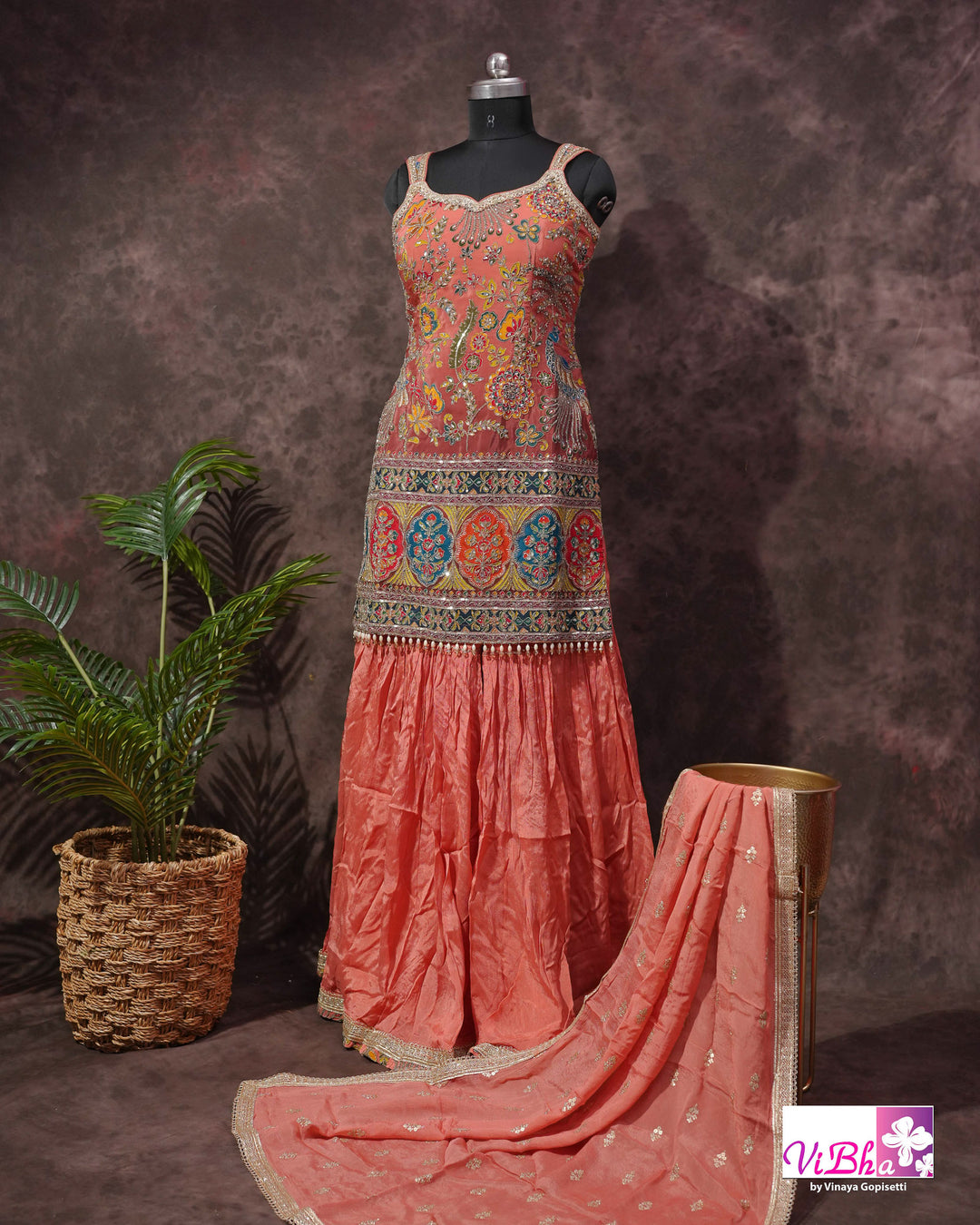 Coral Peach Multicolor Embroidered Sharara Set