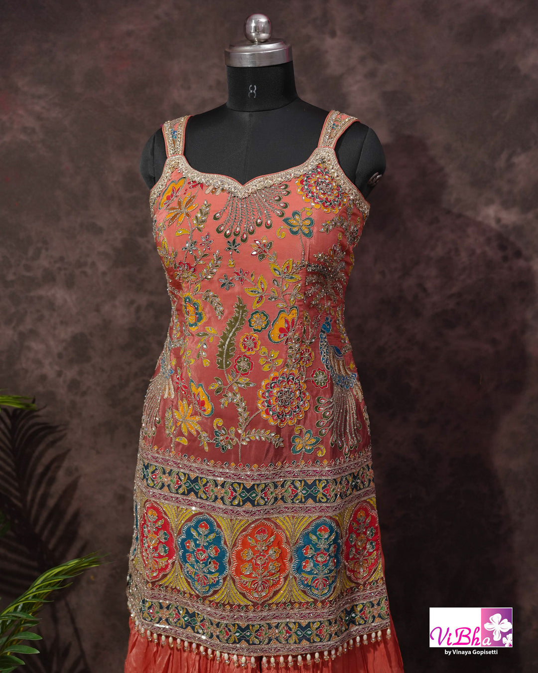 Coral Peach Multicolor Embroidered Sharara Set