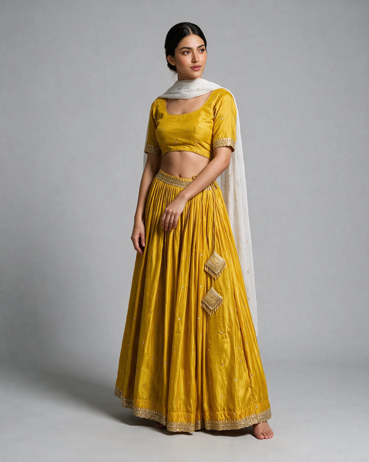 Mustard Yellow And White Embroidered Lehenga Set