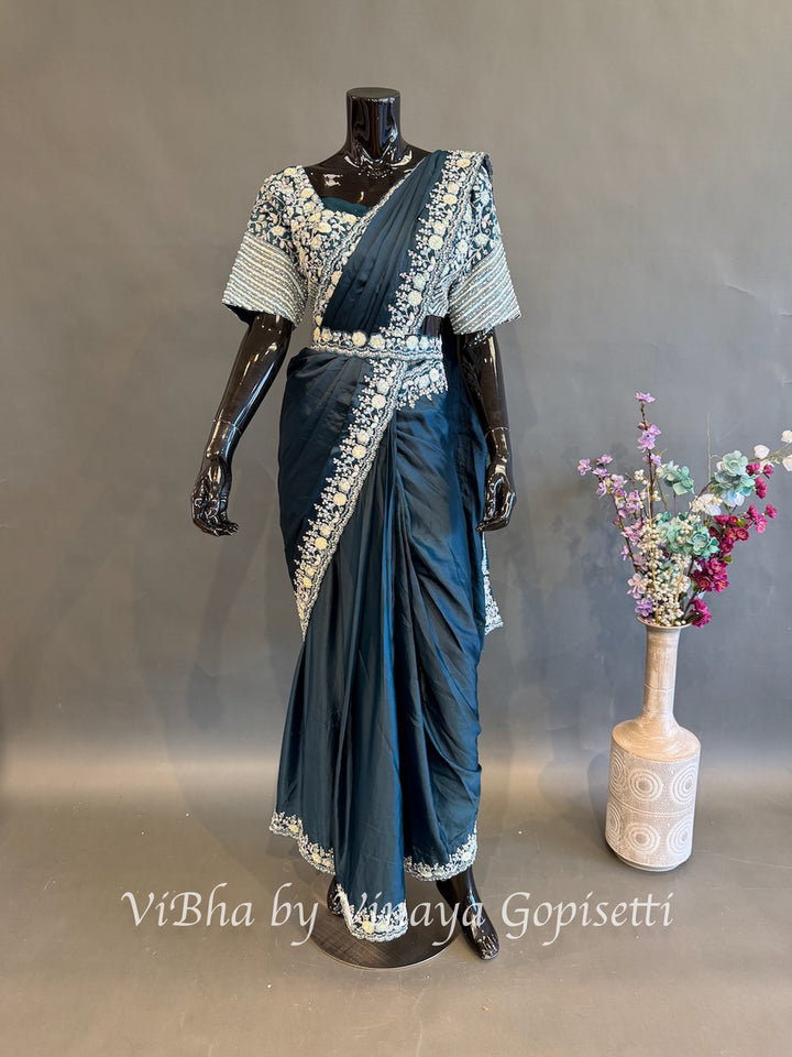 Peacock Blue Pre draped Saree with a Madhubala Blouse