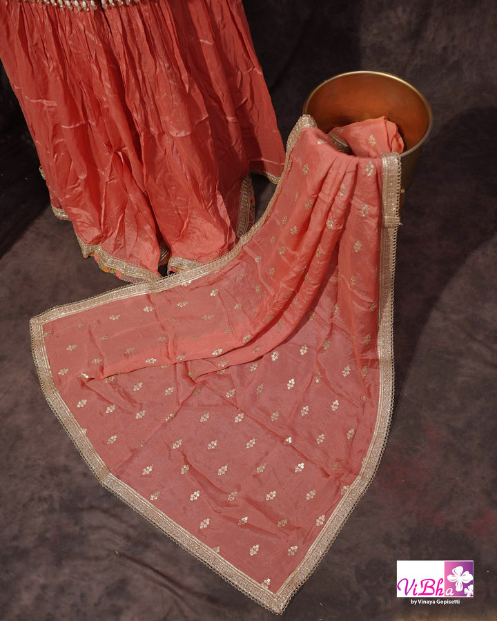 Coral Peach Multicolor Embroidered Sharara Set