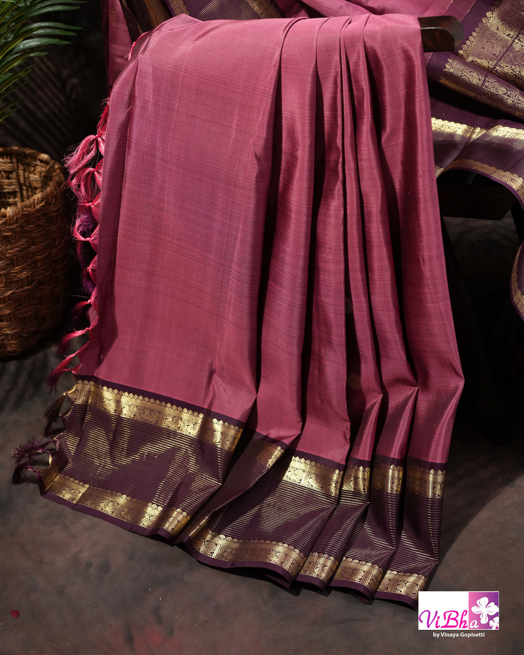 Dark Mauve And Plum Kanchi Silk Saree with Embroidered Blouse