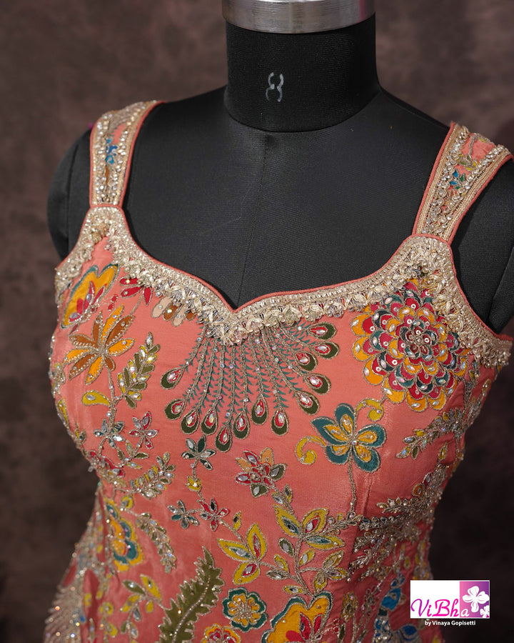 Coral Peach Multicolor Embroidered Sharara Set