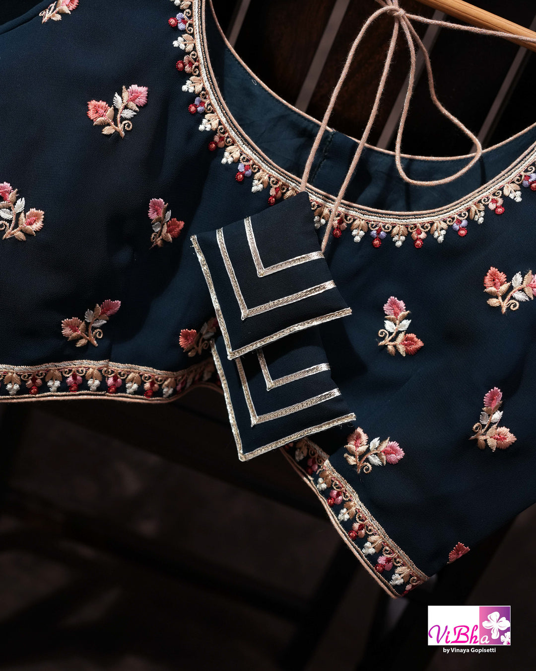 Midnight Blue Designer Saree with Pink and Gold-Toned Floral Embroidery