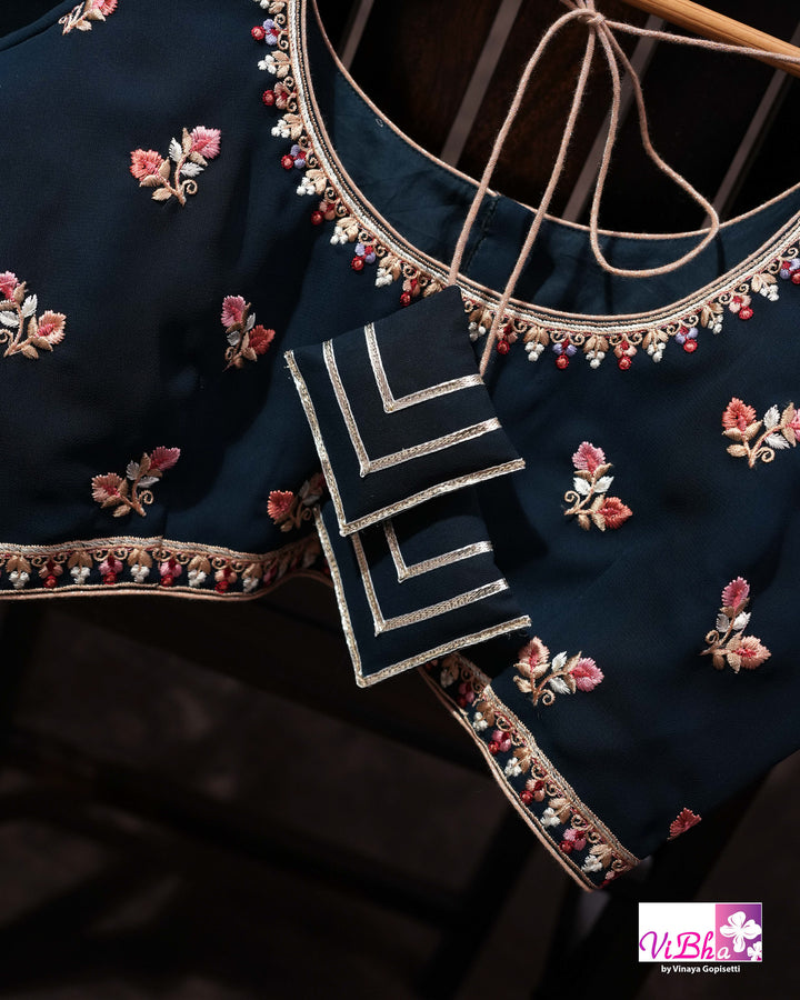 Midnight Blue Designer Saree with Pink and Gold-Toned Floral Embroidery