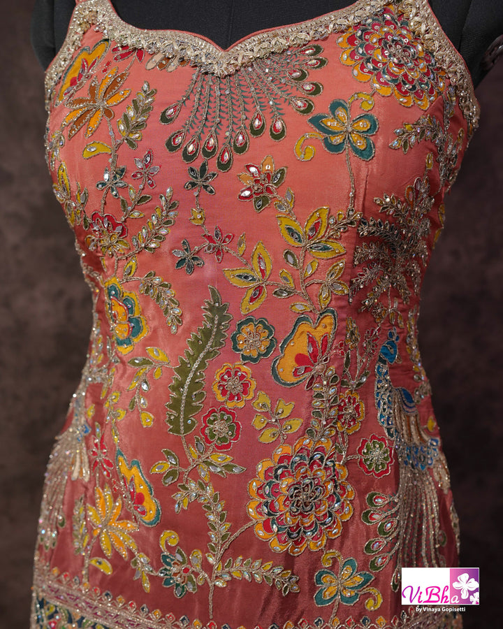 Coral Peach Multicolor Embroidered Sharara Set