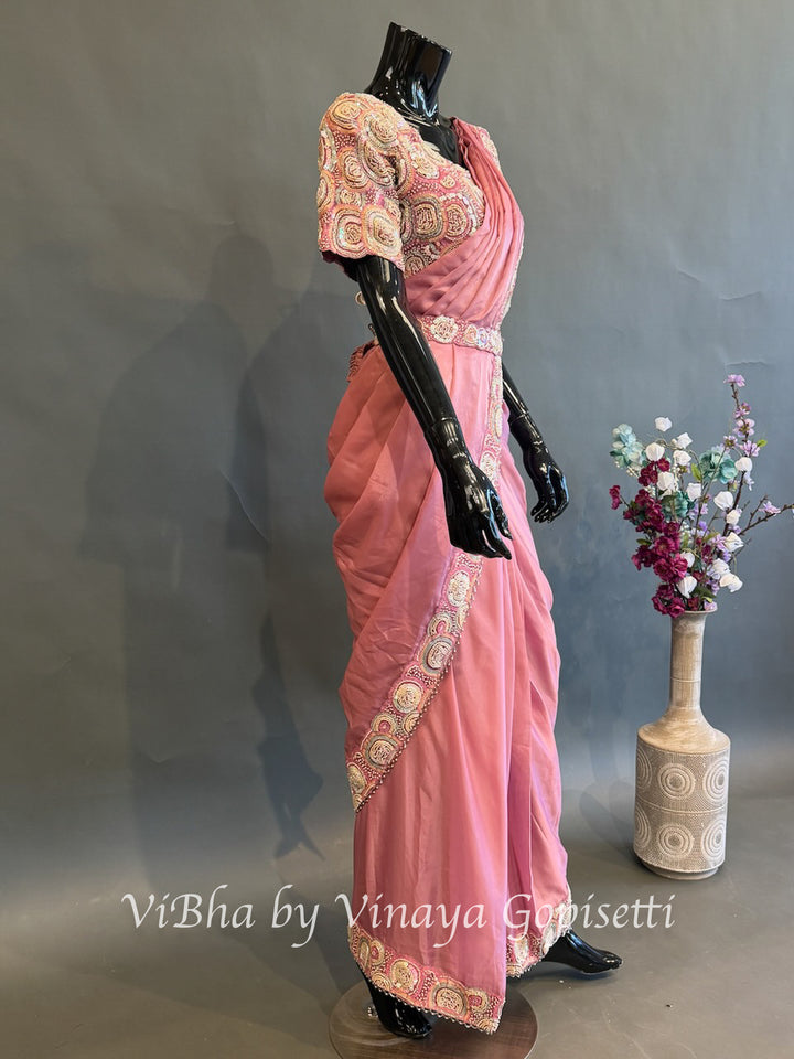 Dusty rose pink pre draped saree and blouse