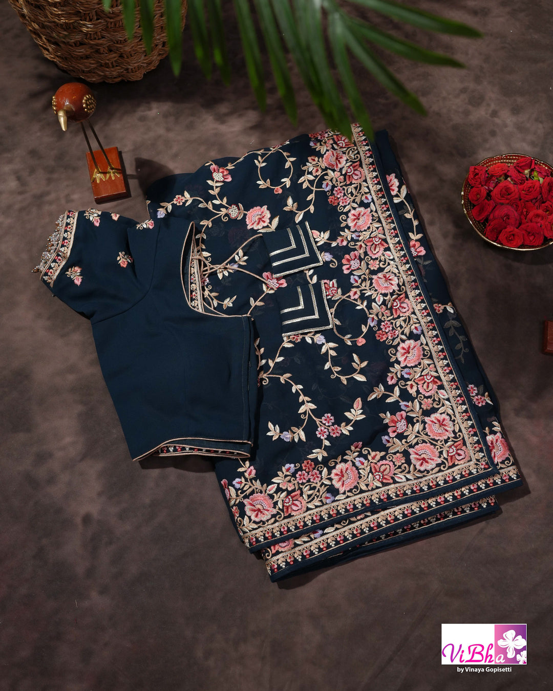 Midnight Blue Designer Saree with Pink and Gold-Toned Floral Embroidery