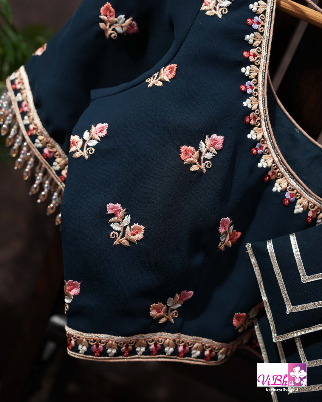 Midnight Blue Designer Saree with Pink and Gold-Toned Floral Embroidery