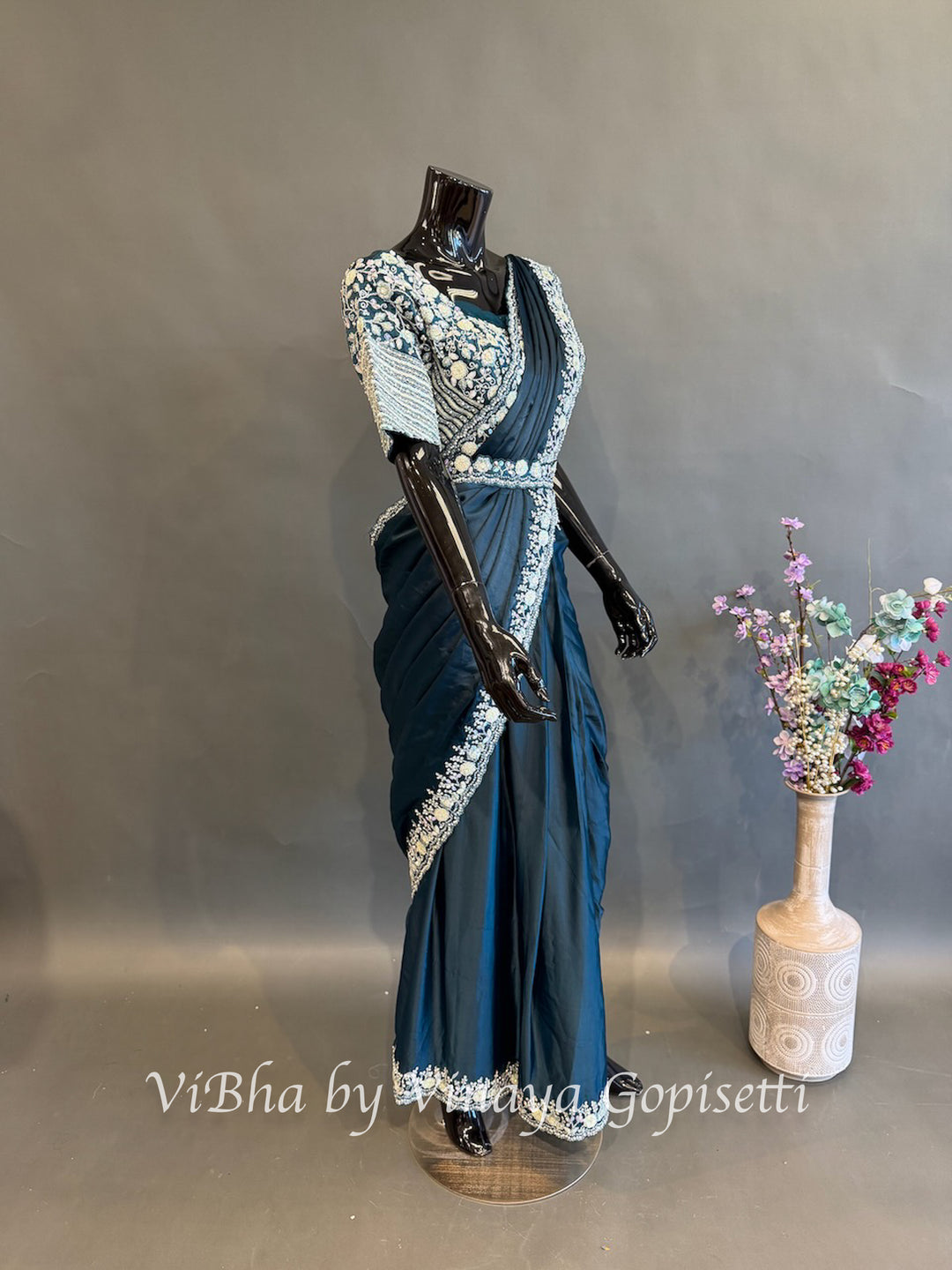 Peacock Blue Pre draped Saree with a Madhubala Blouse