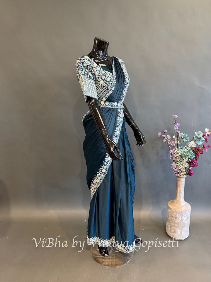 Peacock Blue Pre draped Saree with a Madhubala Blouse