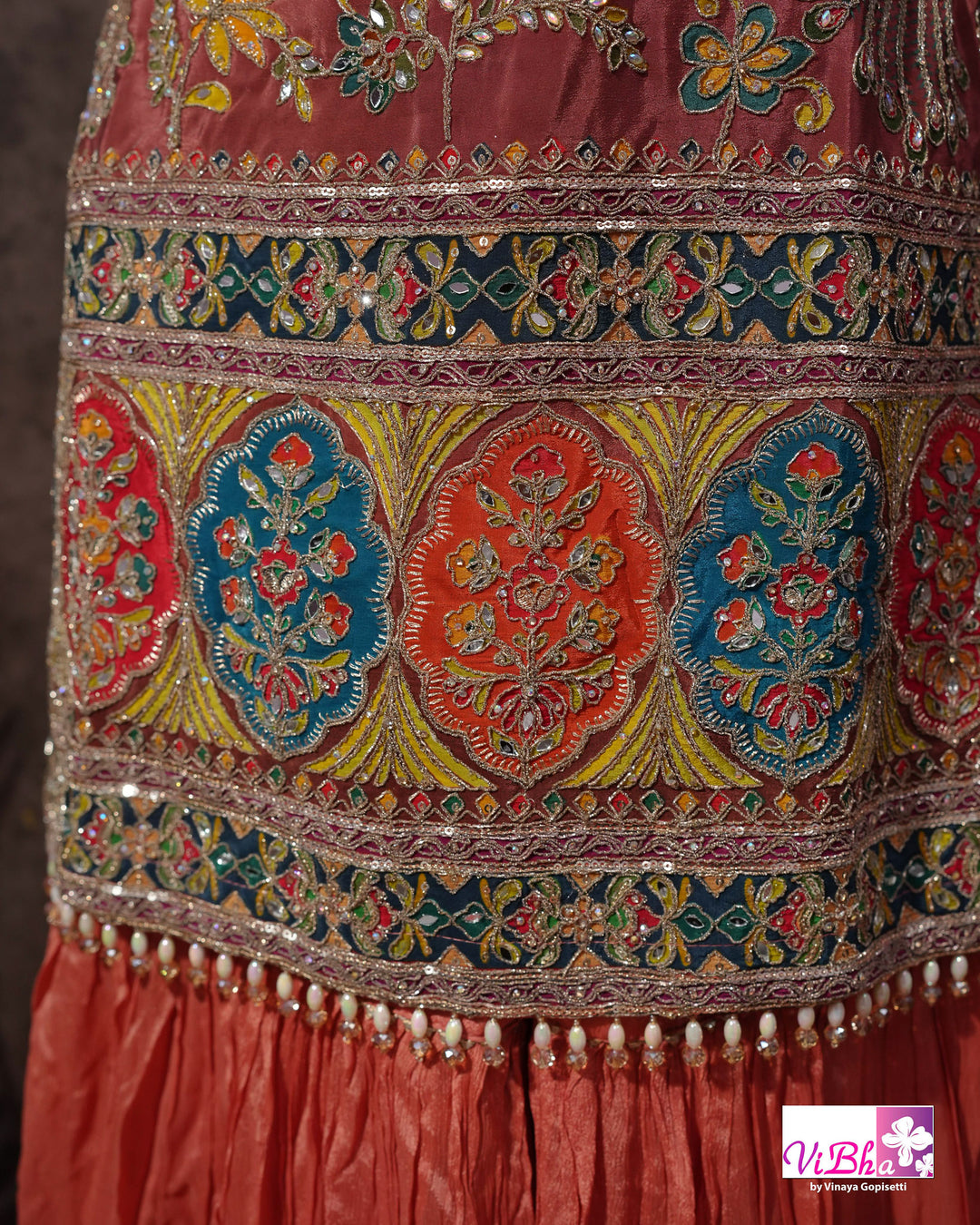 Coral Peach Multicolor Embroidered Sharara Set
