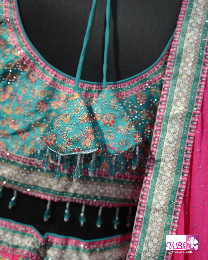 Turquoise &amp; Rani Pink Multicolor Lehenga Set