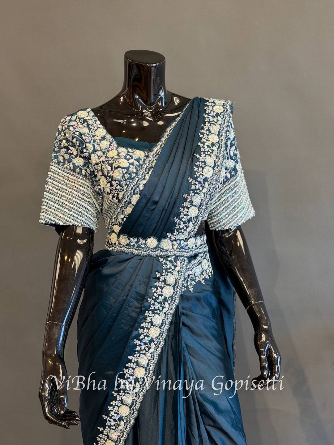 Peacock Blue Pre draped Saree with a Madhubala Blouse