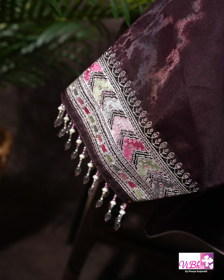 Deep Plum Designer Saree with All-Over Floral Vine Embroidery